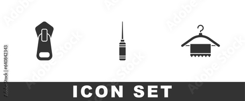 Set Zipper, Awl tool and Hanger wardrobe icon. Vector
