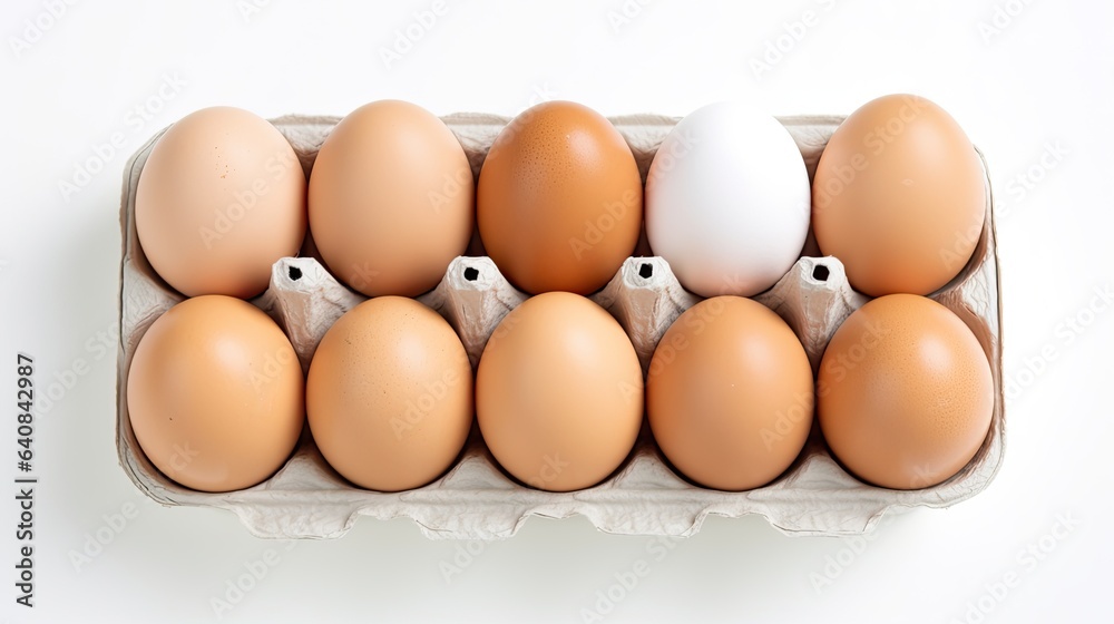 A clean and elegant studio shot of a neatly arranged dozen of eggs in a carton against a white background. A clean and elegant studio shot of a neatly arranged dozen of eggs in a carton against a white background.