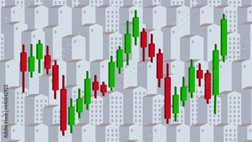 Market graph on building vector background. Real estate index. Rising prices for purchase, sale, rental flat. Investment trusts REIT. Construction industry. Japanese candles. Housing Market Prediction