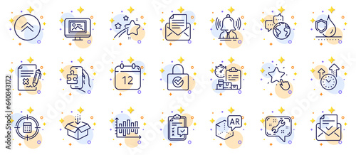 Outline set of Password encryption, Brand and Checklist line icons for web app. Include Annual calendar, Approved mail, Puzzle game pictogram icons. World communication, Get box. Vector