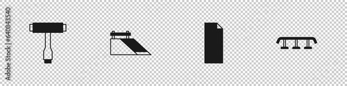 Set Skateboard T tool, park, Grip tape on skateboard and stairs with rail icon. Vector