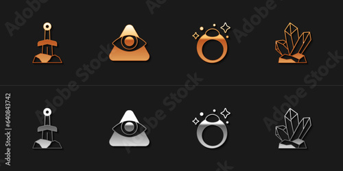 Set Sword in the stone, All-seeing eye of God, Magic ring and icon. Vector