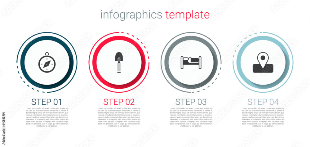 Set Compass, Shovel, Bed and Location for camping. Business infographic template. Vector