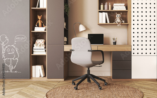 Mock up frame wall kids room. Boho lighting interior with workplace. Interior design scandinavian style. 3d rendering. High quality 3d illustration