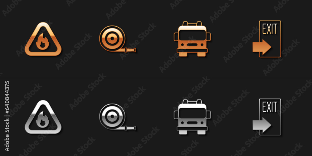 Set Fire flame in triangle, hose reel, truck and exit icon. Vector Set Fire flame in triangle, hose reel, truck and exit icon. Vector