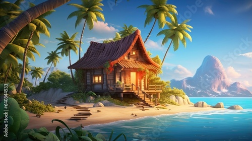 A cabin in a tropical island in the middle of the ocean
