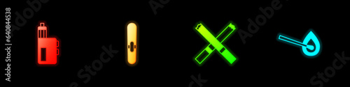 Set Vape mod device, Cigar, Cigarette and Burning match with fire icon. Vector