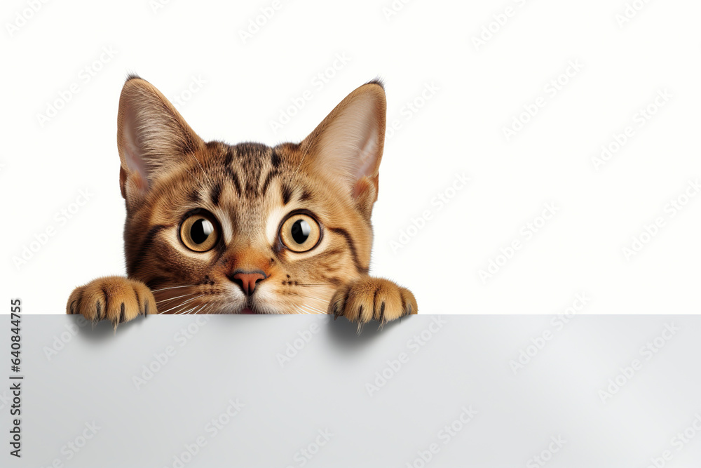 Surprised and Excited Cat Peeking Over Blank Sign Surprised and Excited Cat Peeking Over Blank Sign