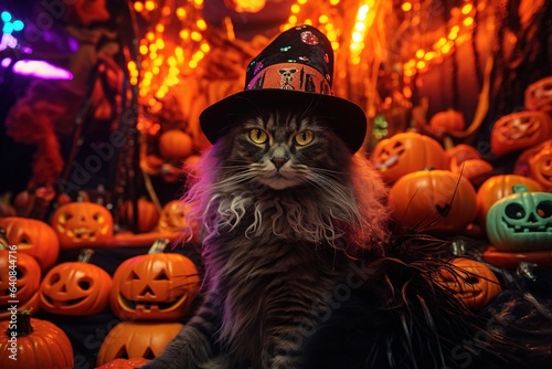 Concept of cat of a witch's hat, on the background of pumpkins and decorations on the occasion of Halloween.