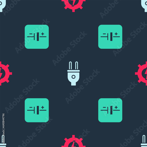 Set Gear and lightning, Electric plug and DC voltage source on seamless pattern. Vector