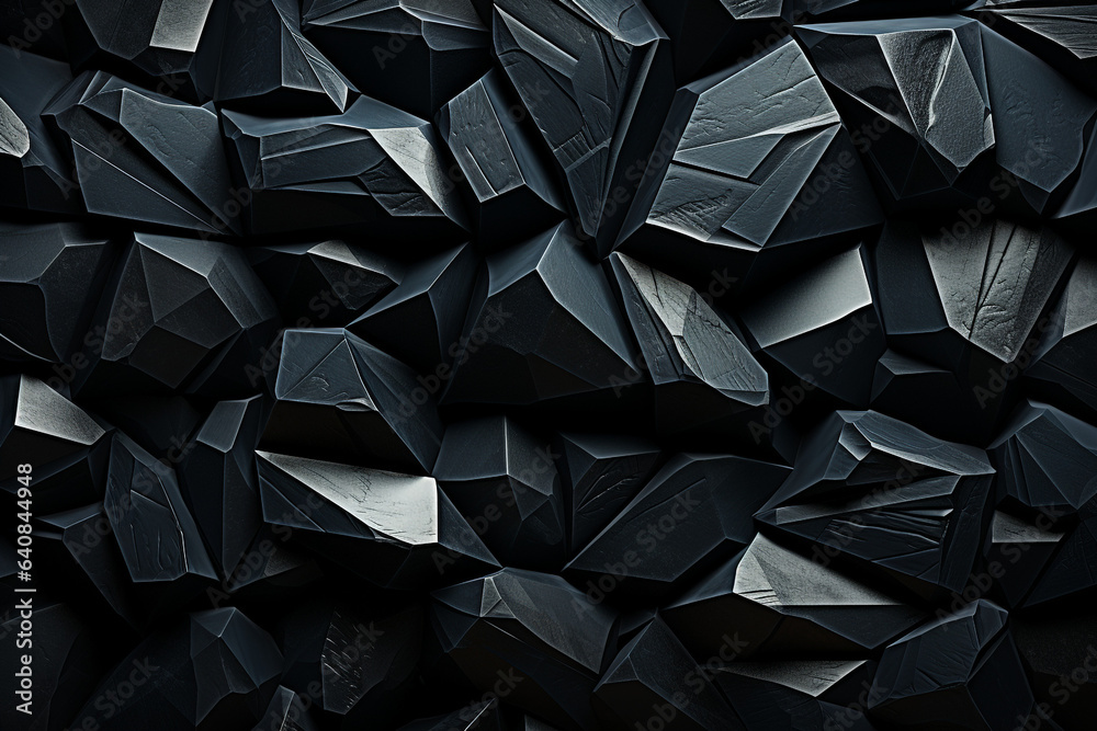 3d render, abstract black crystal background, faceted texture, macro panorama, wide panoramic polygonal wallpaper made with AI