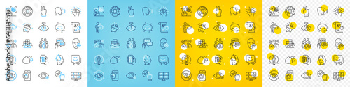 Vector icons set of Problem skin, House security and Smile chat line icons pack for web with Stress, Smile, Farsightedness outline icon. Puzzle, Social distance, Cyber attack pictogram. Vector
