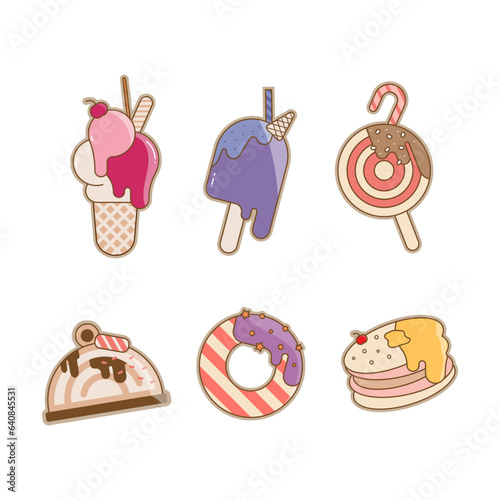Set of desserts, Ice cream, candies, donuts, pancakes, rollsand and Valentine's Day. White background