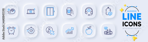 Demand curve, Medical support and Speedometer line icons for web app. Pack of Alarm clock, Lift, 5g notebook pictogram icons. Timer, User, Award app signs. Refill water, Cardio bike, Apple. Vector