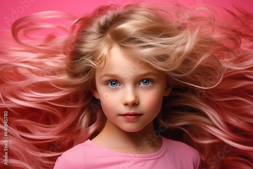 Enchanting portrait of a smiling curly-haired girl with tousled blond locks on the vibrant pink background.
