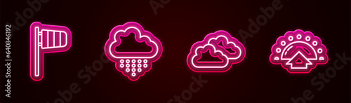 Set line Cone windsock wind vane, Cloud with rain, and Sunrise. Glowing neon icon. Vector