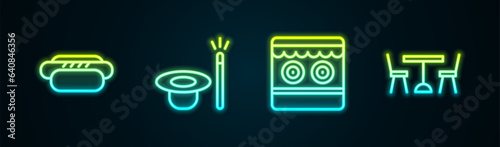 Set line Hotdog, Magic hat and wand, Shooting gallery and Picnic table with chairs. Glowing neon icon. Vector