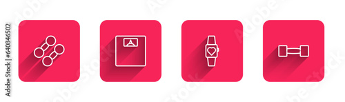 Set line Dumbbell, Bathroom scales, Smartwatch and with long shadow. Red square button. Vector