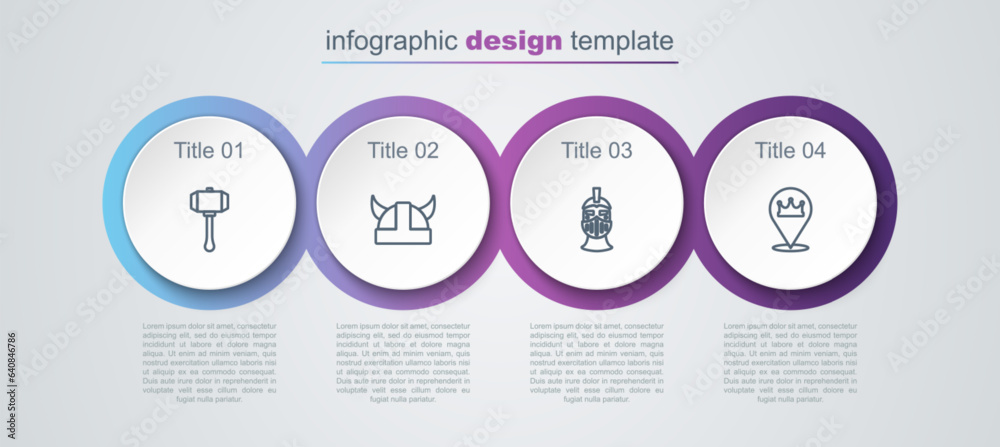 Set line Hammer, Viking in horned helmet, Medieval iron and Location crown. Business infographic template. Vector Set line Hammer, Viking in horned helmet, Medieval iron and Location crown. Business infographic template. Vector