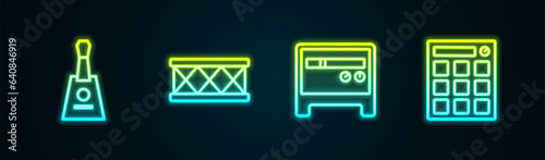 Set line Balalaika, Drum, Guitar amplifier and machine. Glowing neon icon. Vector