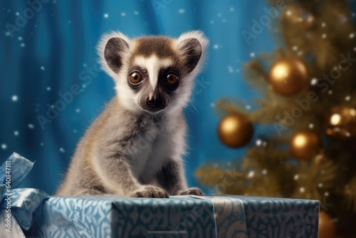 cute baby lemur primate with christmas gift boxes on blue blurred background © gankevstock