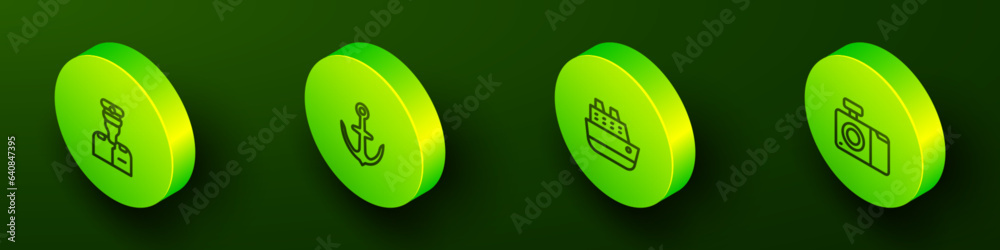 Set Isometric line Captain of ship, Anchor, Cruise and Photo camera icon. Vector Set Isometric line Captain of ship, Anchor, Cruise and Photo camera icon. Vector
