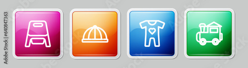 Set line Baby potty, hat, clothes and Toy train. Colorful square button. Vector
