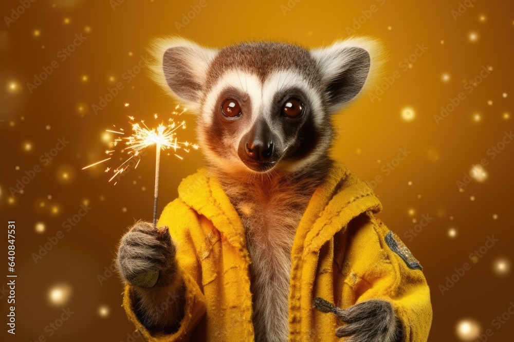 lemur holding sparkler on yellow background. Party celebration concept such as New year, Christmas, Birthday, Event.