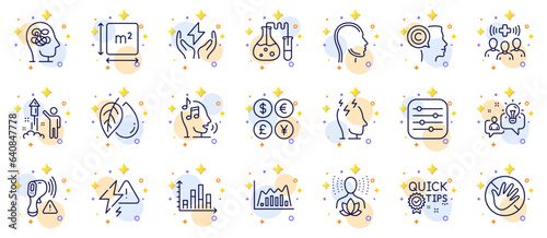 Outline set of Mineral oil, Yoga balance and Filter line icons for web app. Include Quick tips, Chemistry lab, Do not touch pictogram icons. Head, Infographic graph, Safe energy signs. Vector