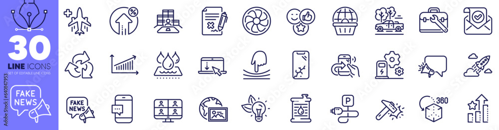 Tool case, Charging parking and Hammer blow line icons pack. Megaphone, Video conference, Inventory web icon. Reject file, Medical flight, Smartphone broken pictogram. Share call. Vector