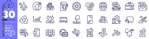 Tool case, Charging parking and Hammer blow line icons pack. Megaphone, Video conference, Inventory web icon. Reject file, Medical flight, Smartphone broken pictogram. Share call. Vector