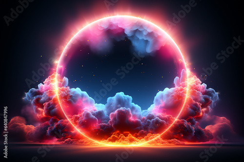 3d render, abstract cloud illuminated with neon light ring on dark night sky. Glowing geometric shape, round frame made with AI