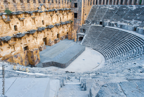 Old Roman Amphitheater of Aspendos, Antalya, Turkey. Tourists are visiting the Aspendos Theater.