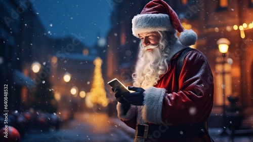 Santa Claus with a phone in his hands in a forest covered with snow and fir trees.