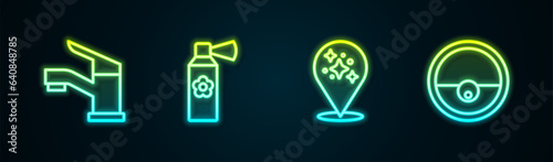 Set line Water tap, Air freshener spray bottle, Home cleaning service and Robot vacuum cleaner. Glowing neon icon. Vector