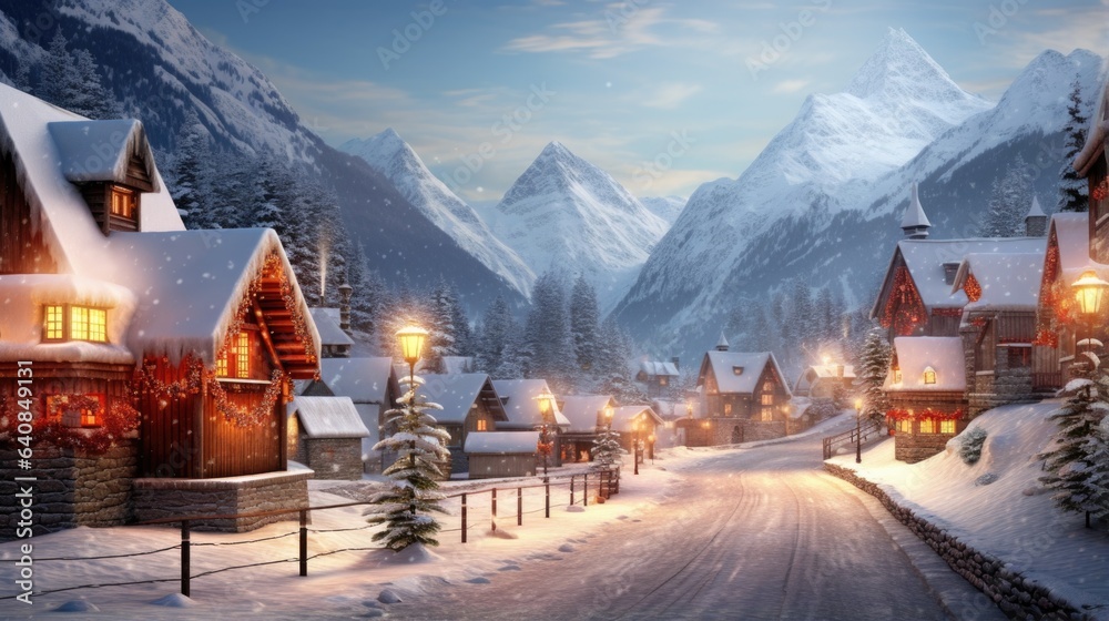 A snowy village with a mountain in the background