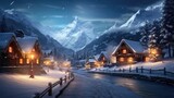A snowy night scene of a small village