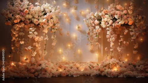 A wedding arch with flowers and fairy lights