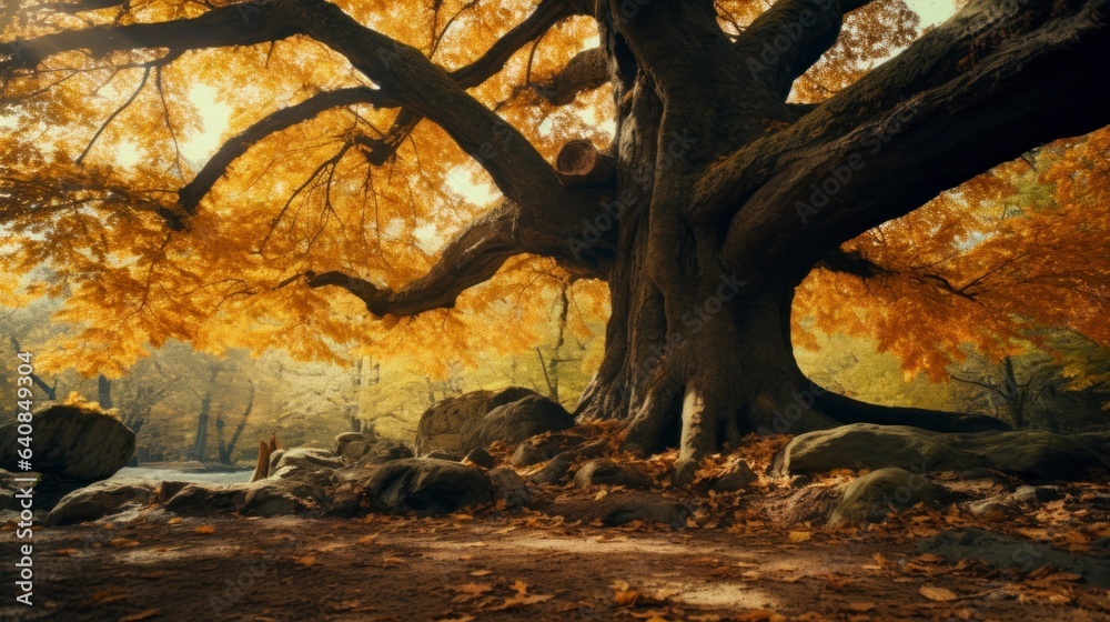 Fototapeta premium Autumn background, leaves on the left side, old tree background, 
