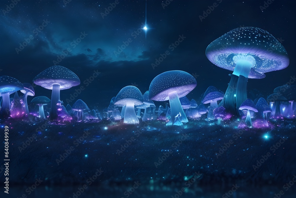 featuring a cosmic sky over a field of bioluminescent mushrooms featuring a cosmic sky over a field of bioluminescent mushrooms