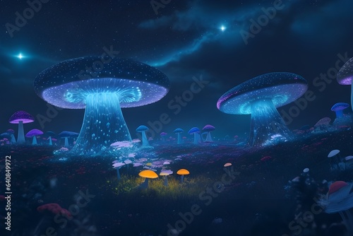 featuring a cosmic sky over a field of bioluminescent mushrooms