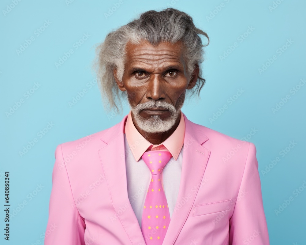 Indigenous, Aboriginal elder man with gray hair wearing  pink suit and tie with pastel blue background. 