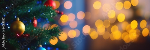 Merry Christmas and Happy New Year. Festive bright beautiful background. Decorated Christmas tree on blurred background. de-focused lights  gold bokeh