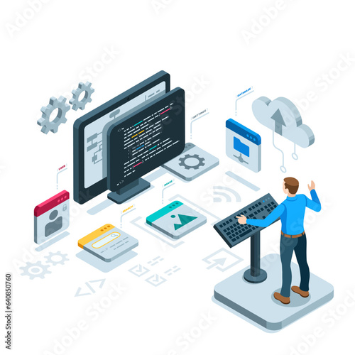 isometric computer with a programming window and program elements in color on a white background, a man with a keyboard, programming or software development