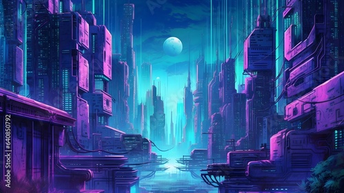 Futuristic city illustration with a night sky. landscape apocalyptic city wallpaper for phones, laptops, monitors, etc. Cyan, purple and orange color city painting
