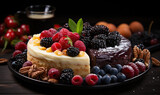 Sweet dessert cake with berries on a dark background.
