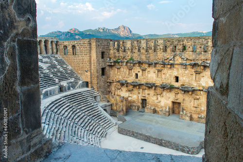 The stage and background of the ancient theater of Aspendos, taken from the archway.