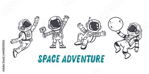 set of cartoon astronauts isolated on white background. Doodle style, for book and magazins. Coloring page. Vector