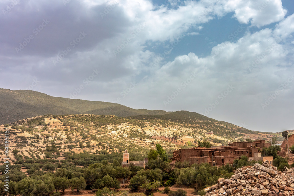 Landscape impression of the semidesert along the atlas torrent in morocco in summer