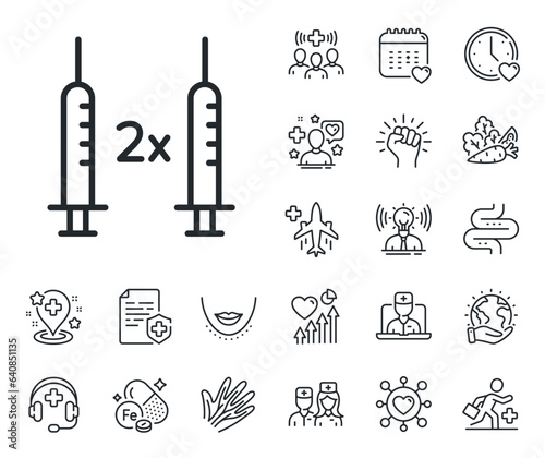 Corona syringe sign. Online doctor, patient and medicine outline icons. Coronavirus 2x vaccine line icon. Covid jab symbol. Coronavirus vaccine line sign. Vector